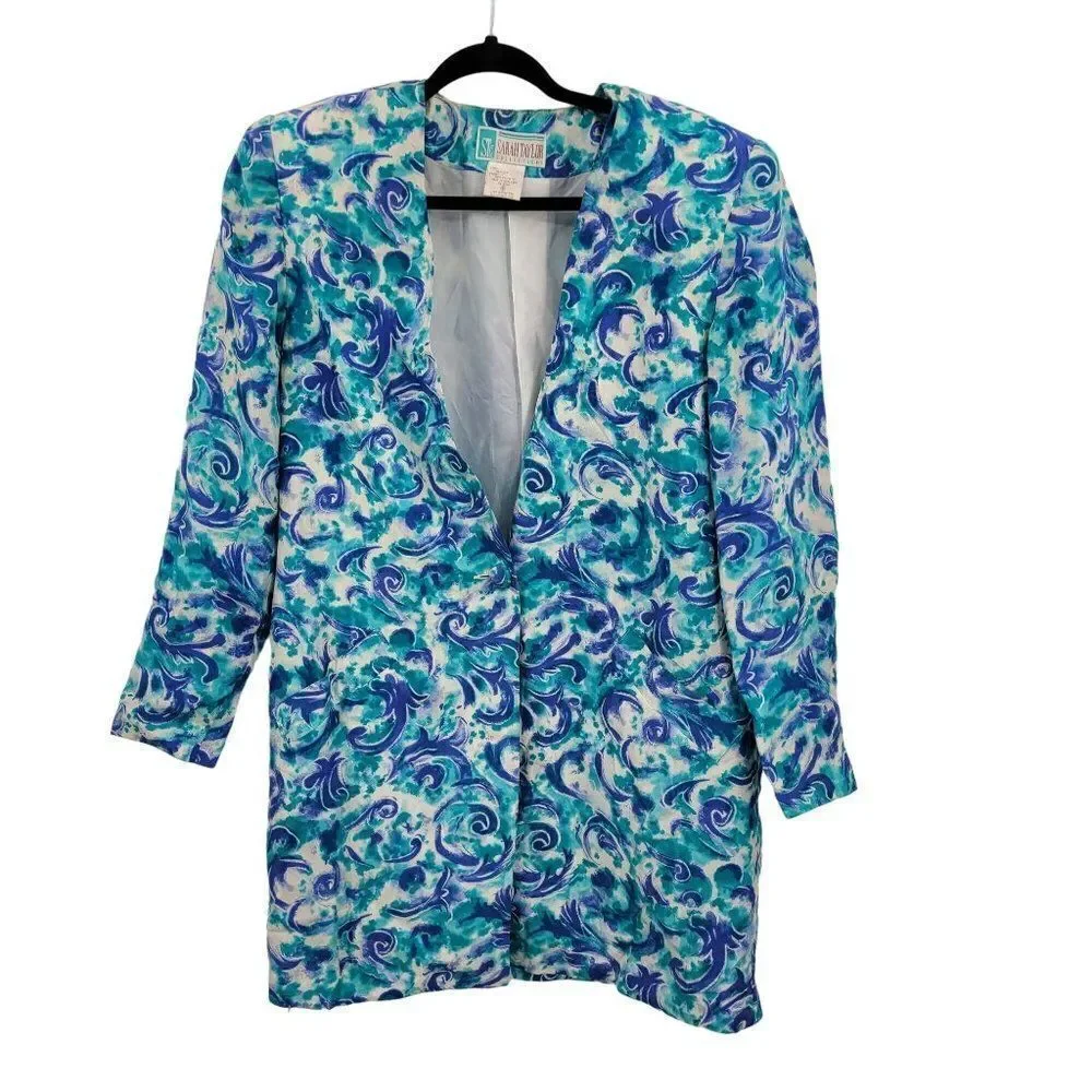 Vintage 80's Blazer Silk Duster Single Breasted Button‎ Longline Blue Swirl 6